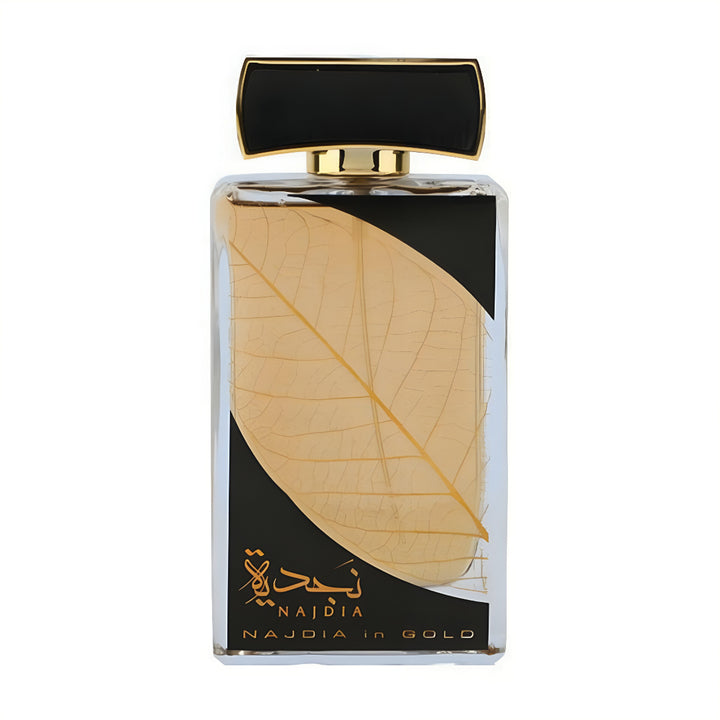 Perfume bottle with black and gold cap and leaf design on a white background