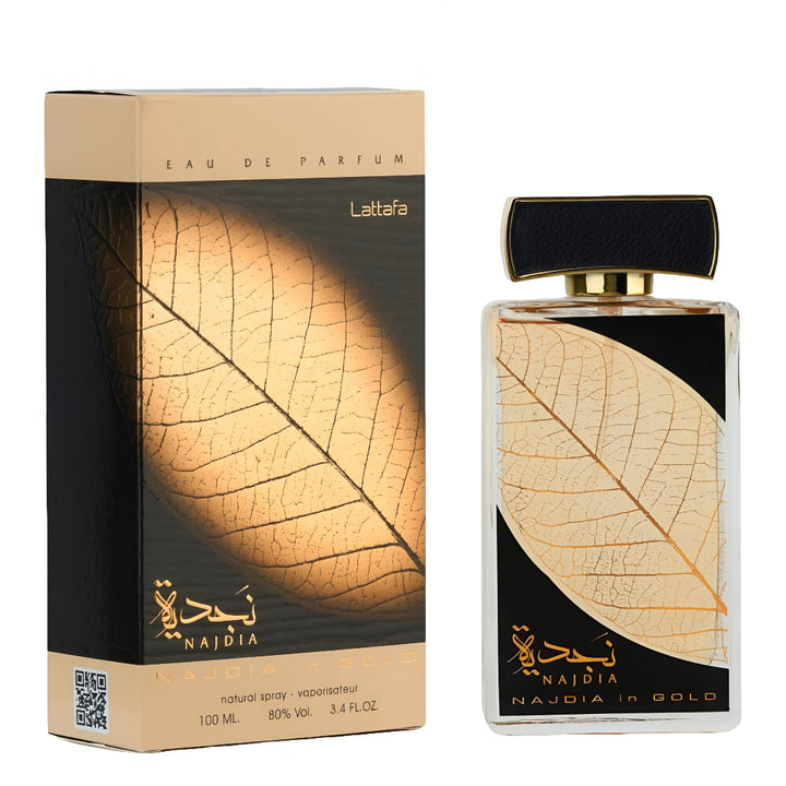 Lattafa Najdia perfume bottle and packaging with leaf design on a white background