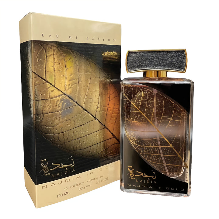 Perfume bottle and packaging with leaf design on a white background Najdi perfumes lattafa wangiworld