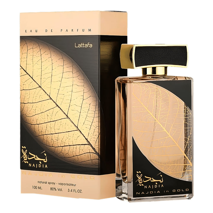 Lattafa Najdia perfume bottle and packaging with leaf design on a white background