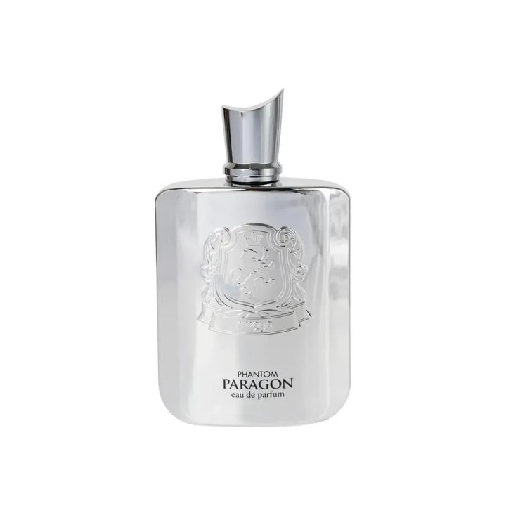 Silver perfume bottle labeled 'Phantom Paragon' on a white background