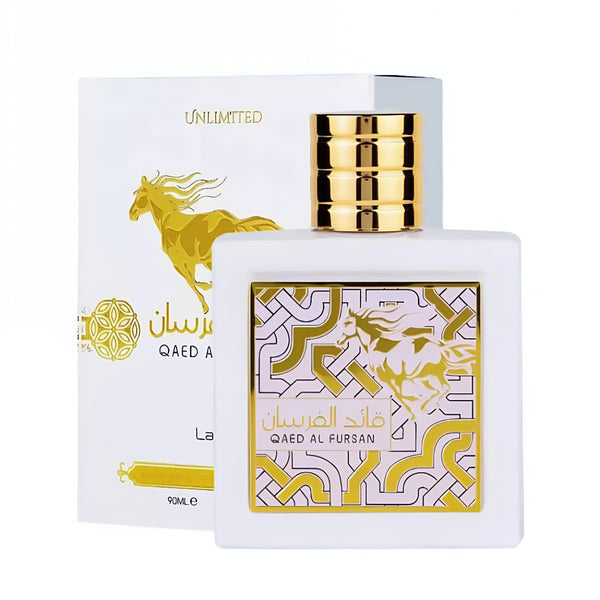 Perfume bottle and packaging with gold and white design featuring a horse, branded 'Qaed Al Fursan'.