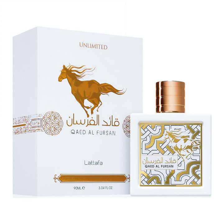 Qaed Al Fursan perfume bottle and packaging on a white background