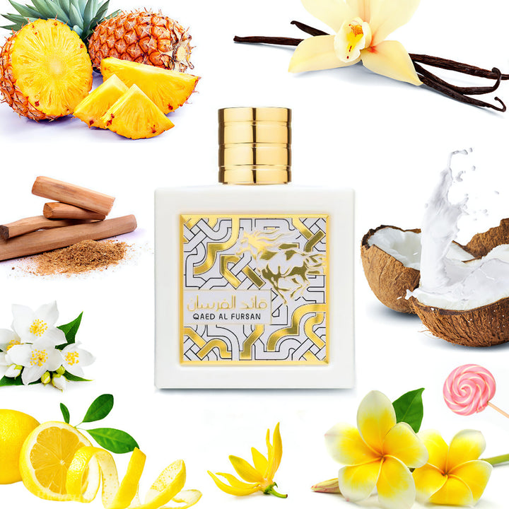 Collage of a perfume bottle, pineapple, vanilla beans, coconut, lemons, and flowers on a white background. Qaed Al Fursan Unlimited