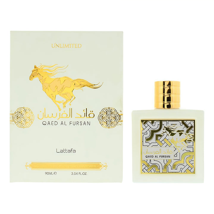 Lattafa Qaed Al Fursan perfume bottle and packaging on a white background