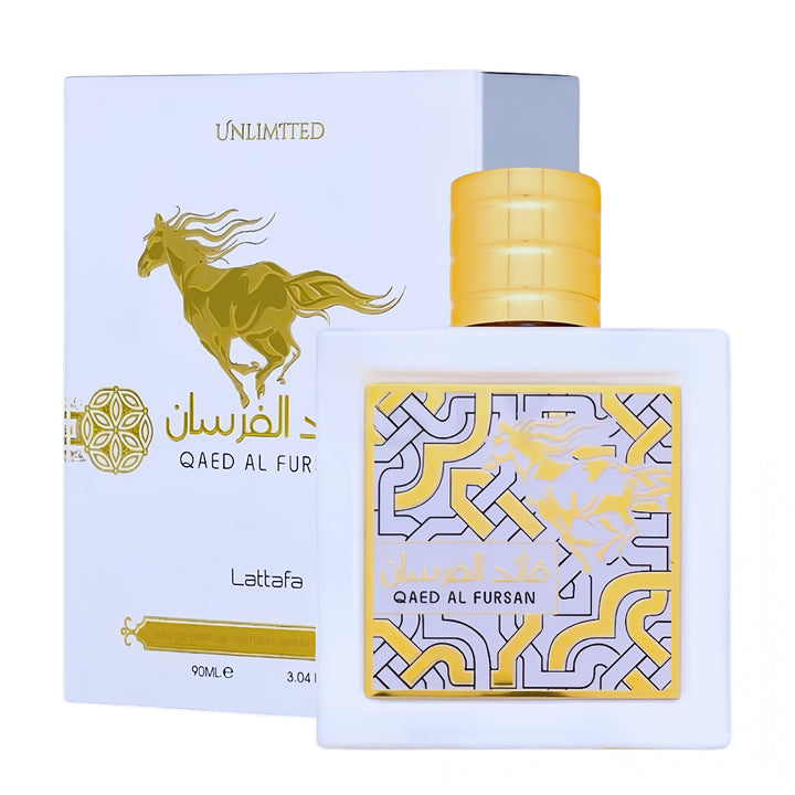 Lattafa Qaed Al Fursan perfume bottle and packaging on a white background