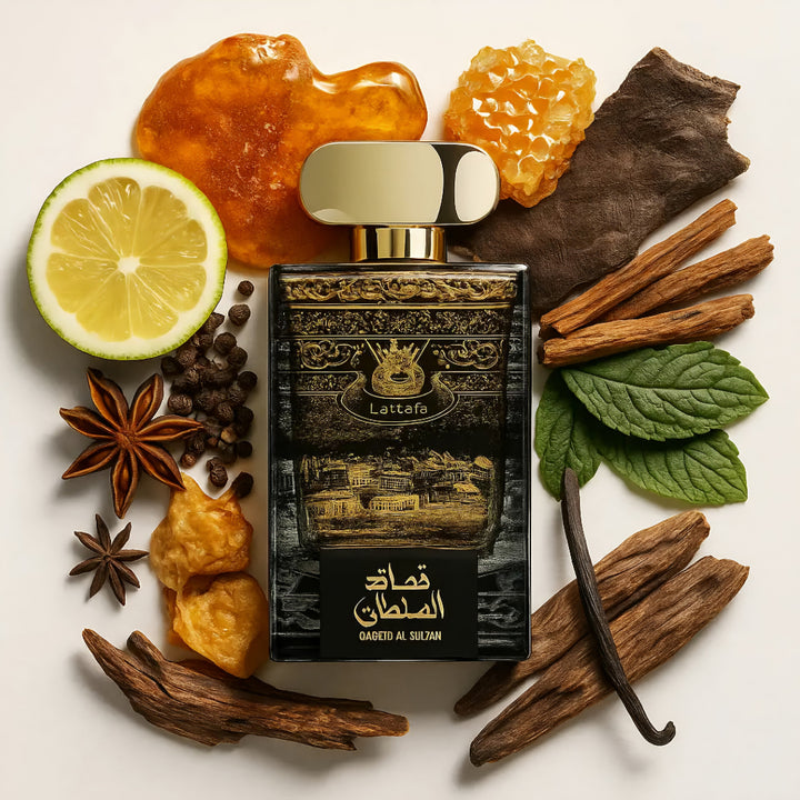 Perfume bottle with spices and fruits on a white background Lattafa Malaysia Perfumes