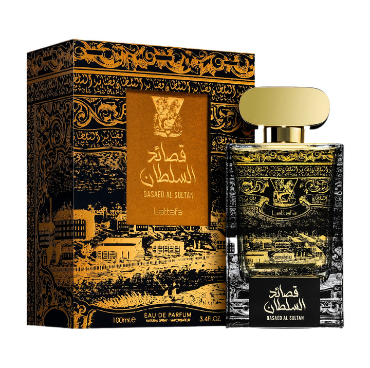 Lattafa Perfume bottle and packaging with intricate design on a white background