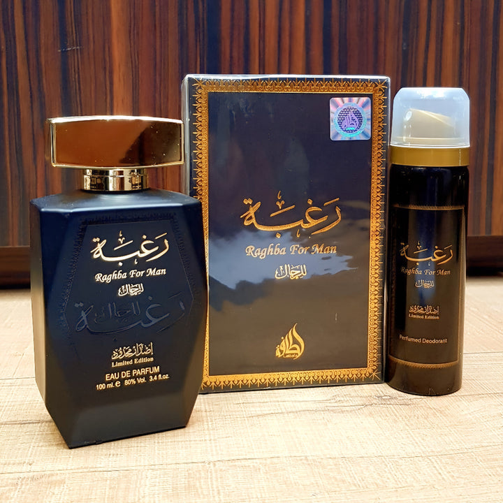 Ragha for Man perfume set with bottle, packaging, and deodorant on a wooden surface.