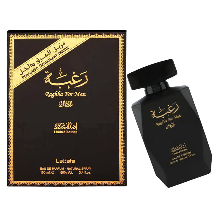 Black perfume bottle and packaging with gold text on a white background lattafa