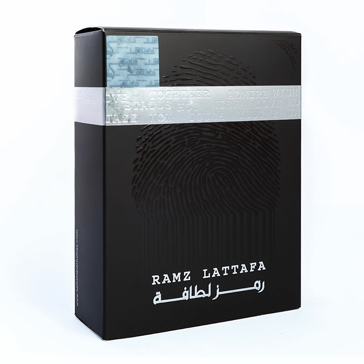 Black cosmetic box with 'Ramz Lattafa' branding on a white background