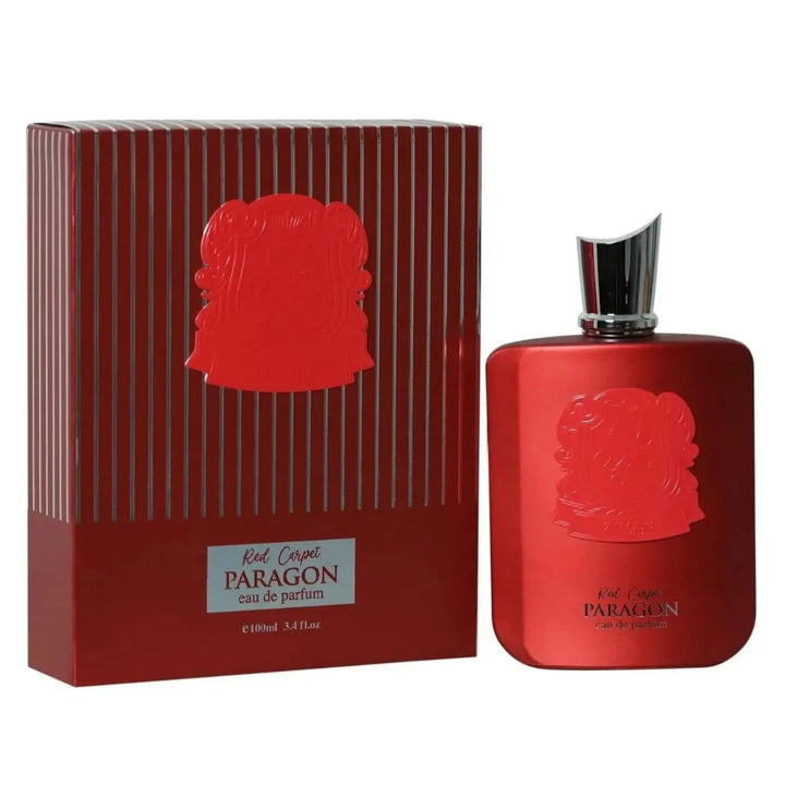 Red Paragon perfume bottle and packaging on a white background