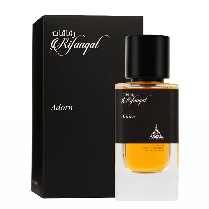 Rifaqal Adorn perfume bottle and packaging on a white background
