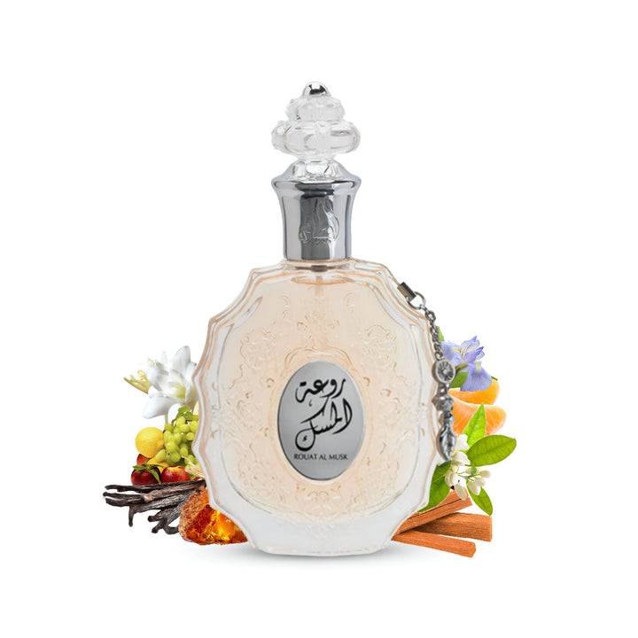 Perfume bottle with decorative elements on a white backgroundaRouat-Al-Musk-Lattafa-Perfumes-wangiworld-malaysia