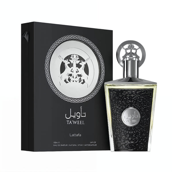 Perfume bottle and packaging of Ta'weel Latifa on a white background