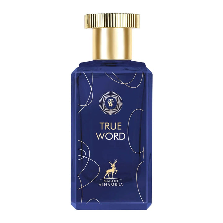 Blue perfume bottle with gold cap labeled 'True Word' by Maison Alhambra on a white background