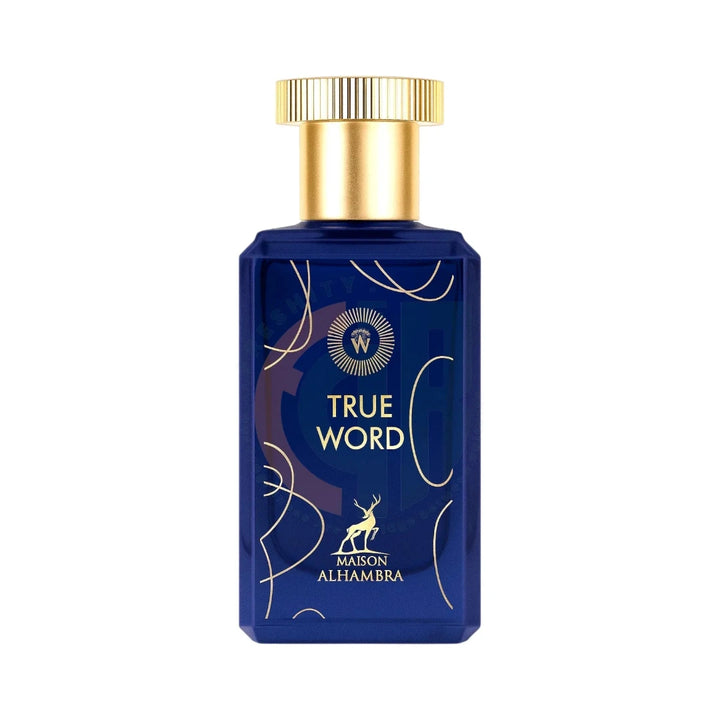 Blue perfume bottle with gold cap labeled 'True Word' by Maison Alfamera on a white background