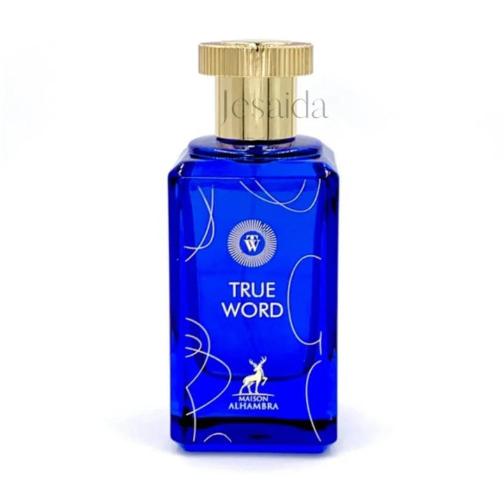 Blue perfume bottle with gold cap on a white background