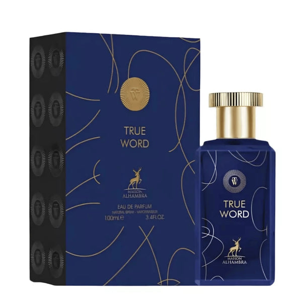 Blue perfume bottle and packaging with 'True Word' branding on a white background