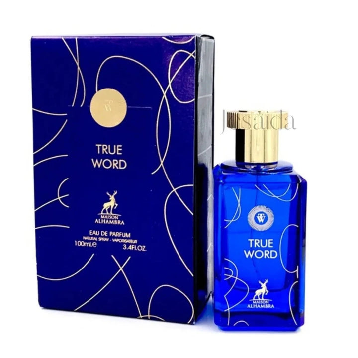 Blue perfume bottle and packaging with 'True Word' branding on a white background
