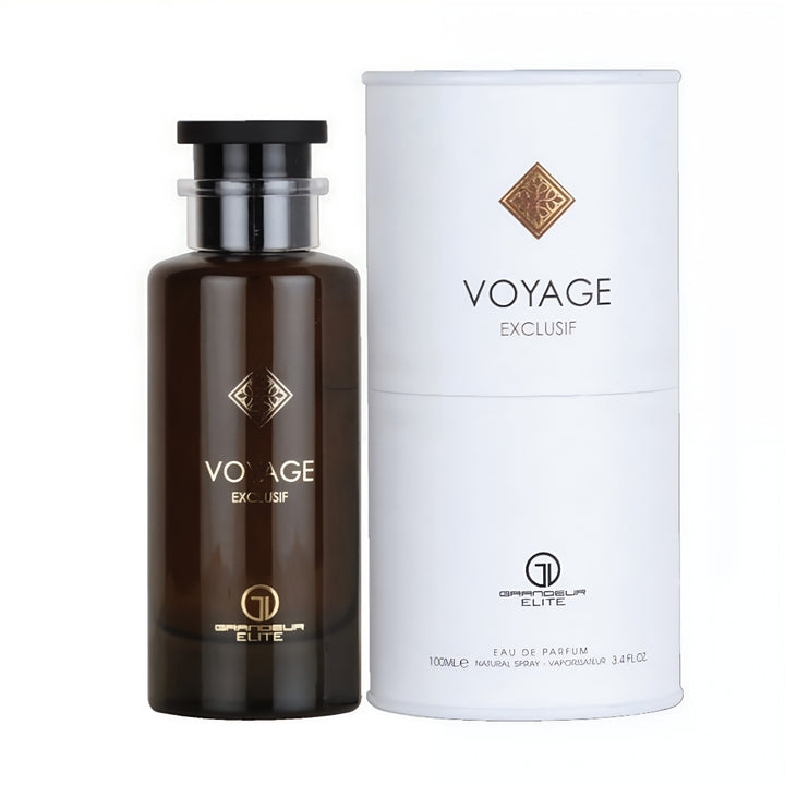 Brown perfume bottle and white cylindrical box with 'Voyage Exclusif' branding on a white background Voyage Exclusif 100ml EDP – Men’s Luxury Perfume by Grandeur Elite