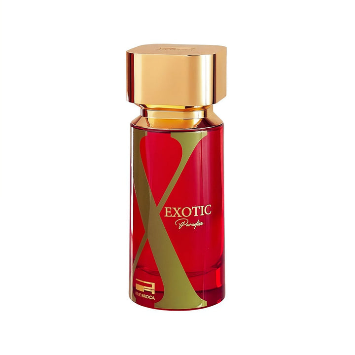 Rue Broca Exotic Paradise Red perfume bottle with gold cap on a white background