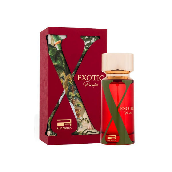 Rue Broca Exotic Paradise  perfume bottle with red packaging and gold cap on a white background