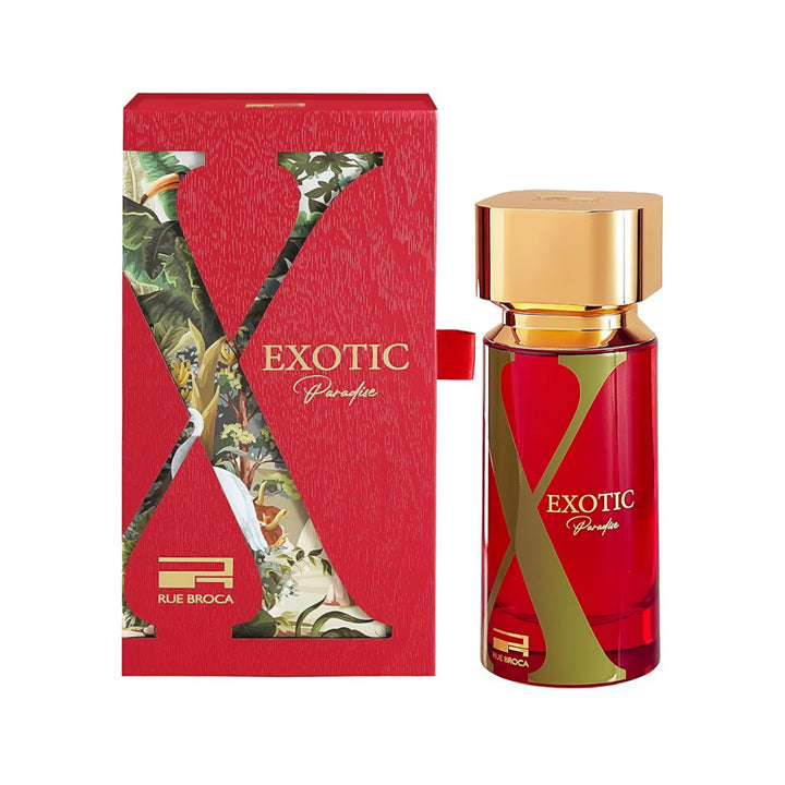 Rue Broca Exotic Paradise  Red perfume bottle with gold cap and 'Exotic' packaging on a white background