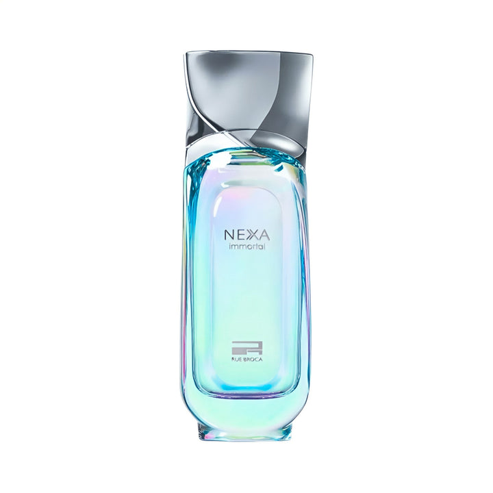Blue perfume bottle with silver cap on a white background Nexa Immortal Rue Broca