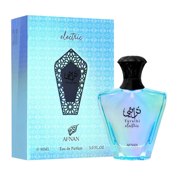 Turathi electric perfume bottle and packaging by Afnan on a white background