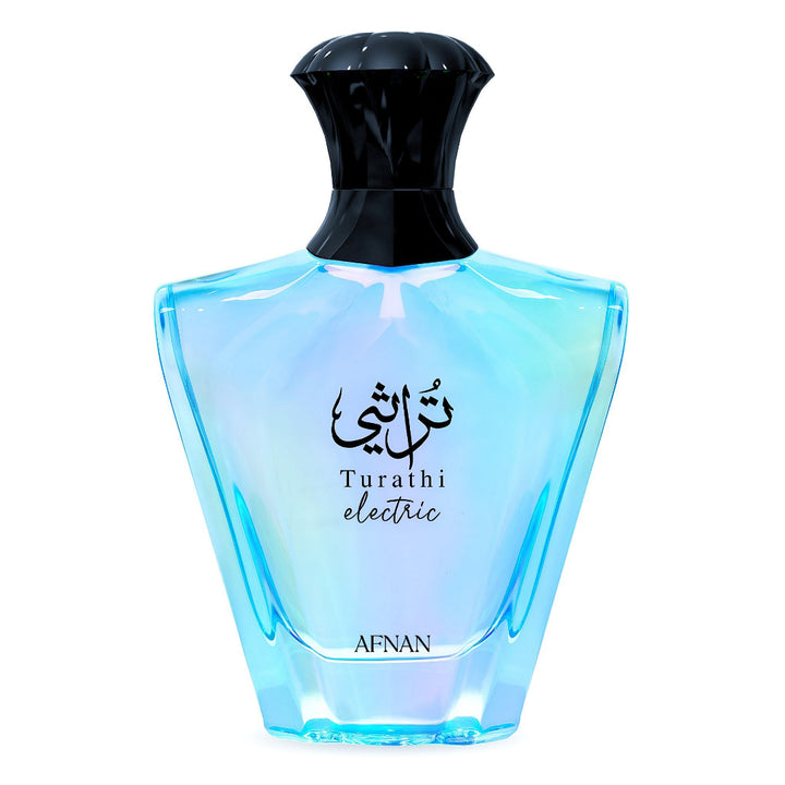 Blue perfume bottle with black cap on a white background afnan perfume malaysia