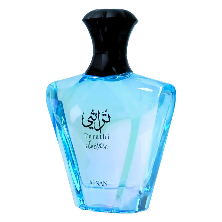 Blue perfume bottle with black cap on a white background afnan electrc perfume malaysia