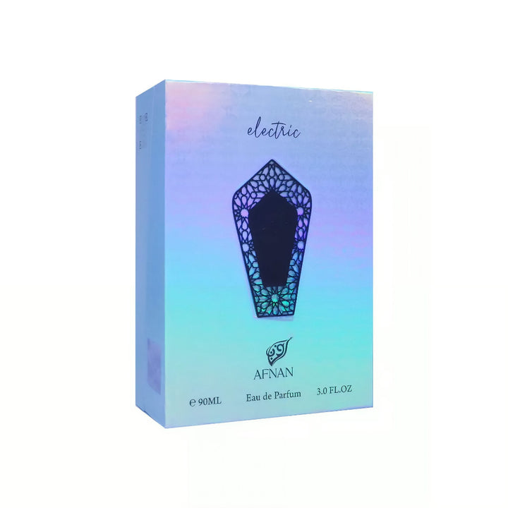 Perfume box with 'electric' design and Afnan branding on a white background
