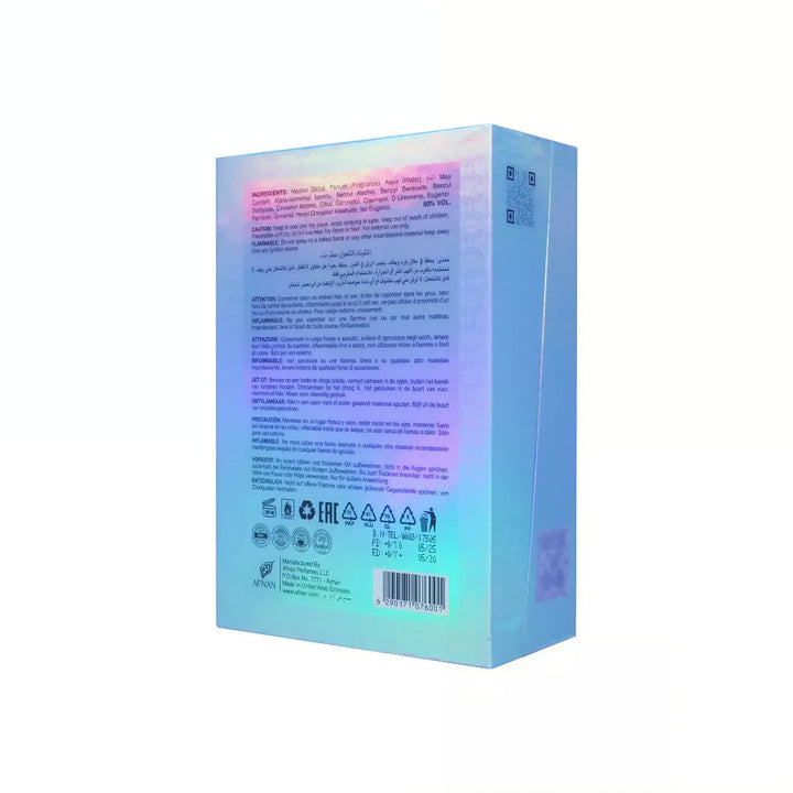 Multicolored box with text and symbols on a white background afnan perfume turathi electric
