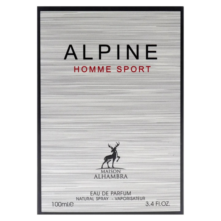 Maison Alhambra Alpine Homme Sport perfume packaging on a white background