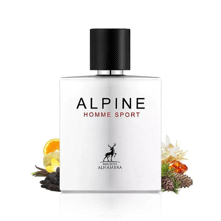 Perfume bottle labeled 'Alpine Homme Sport' with decorative elements on a white background