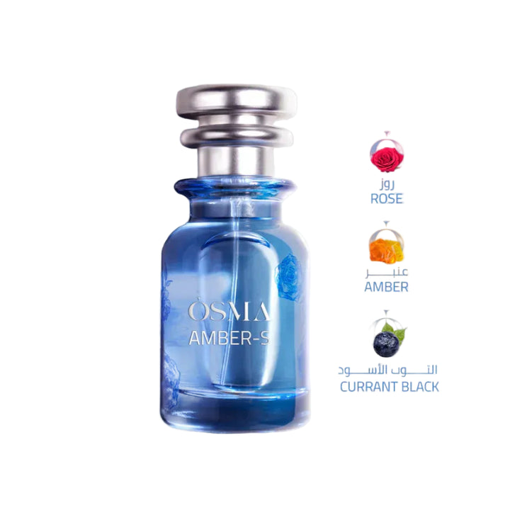 Blue perfume bottle with silver cap on a light gray background