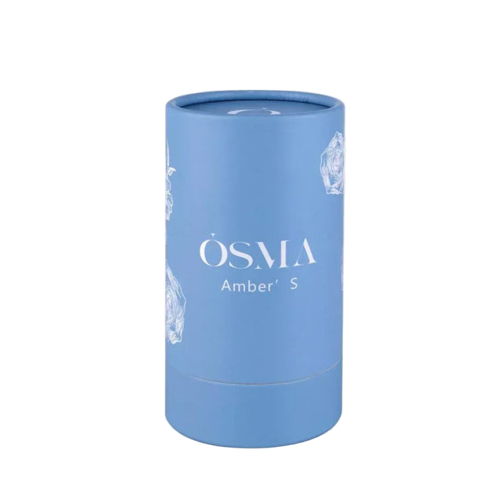 Blue cylindrical container with 'OSMA' branding on a light gray background