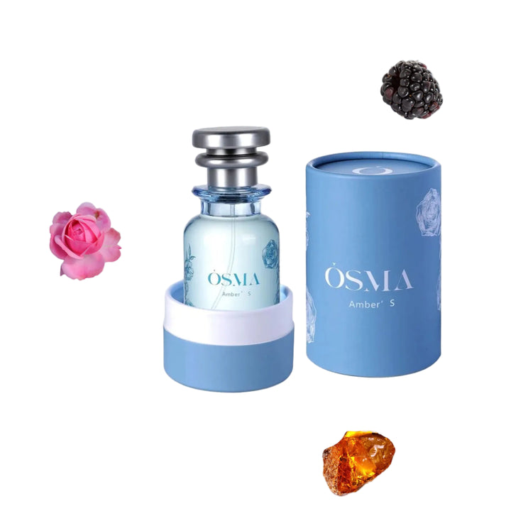 OSMA Amber 5 perfume bottle and packaging on a light blue background with ingredients displayed.