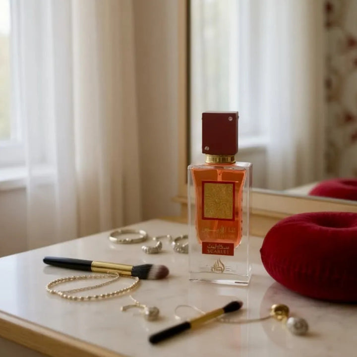Perfume bottle on a table with makeup items and a red cushion in the background