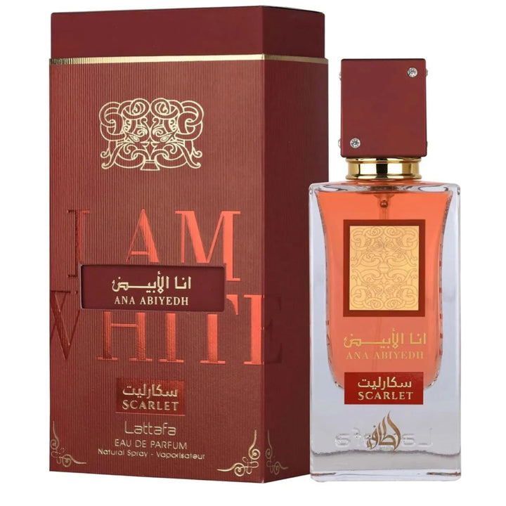 Perfume bottle and packaging of Ana Abiyedh Scarlet with gold accents on a white background