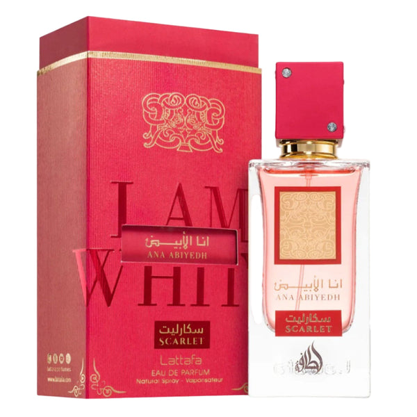 Red perfume bottle and packaging with 'Lattaafa' branding on a white background
