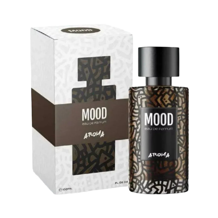 Perfume bottle and packaging with 'Mood' branding on a white background