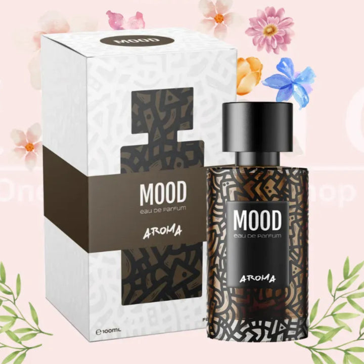Mood Aroma perfume bottle and packaging on a light pink background with floral elements.