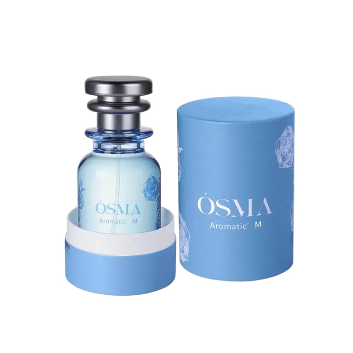 OSMA aromatic product with bottle and cylindrical container on a light gray background