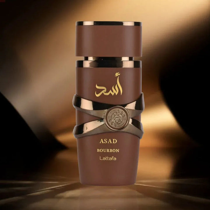 Brown perfume bottle with gold accents on a dark background