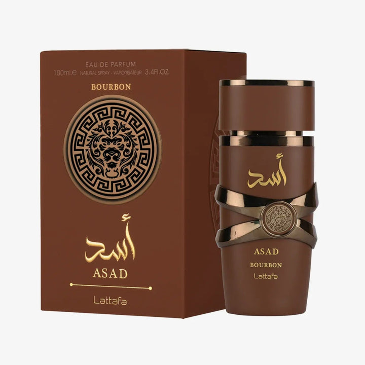 Brown perfume bottle and packaging with gold accents on a white background