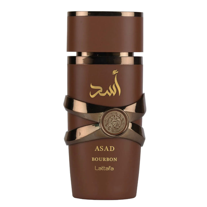 Brown bottle with gold accents featuring the brand 'Asad Bourbon Lattafa' on a white background