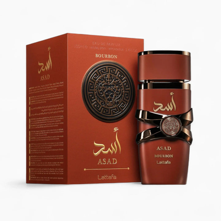 Brown perfume bottle and packaging with 'ASAD' branding on a white background