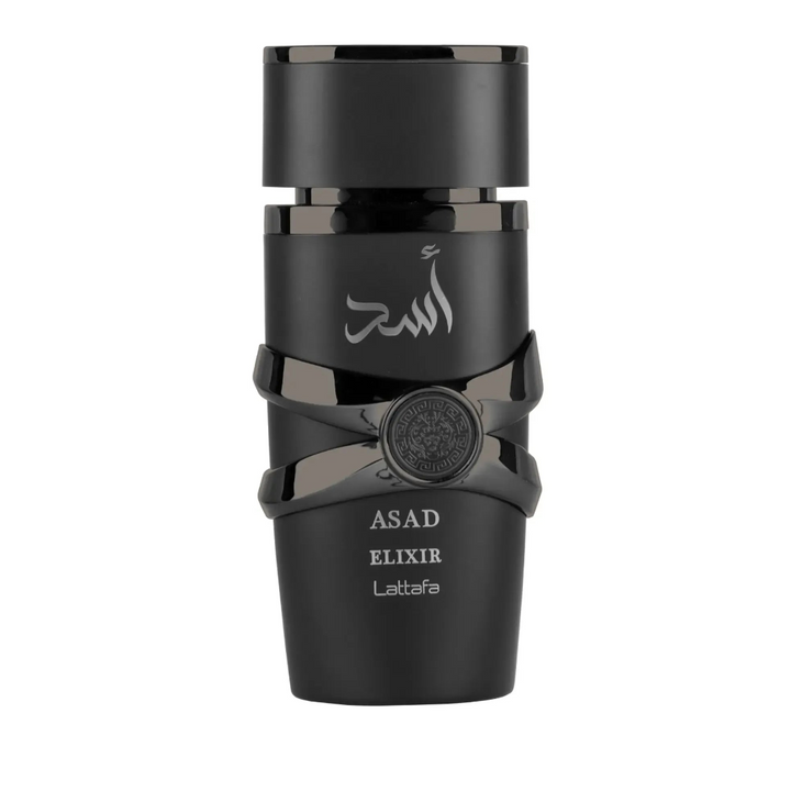 Black elixir bottle with 'Asad Elixir' branding on a white background